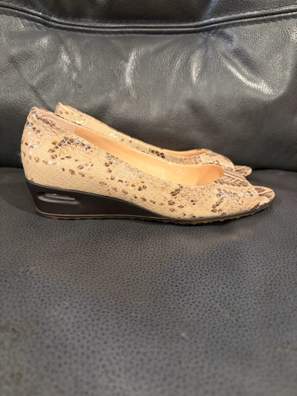 Cole Haan Beige Snake-Print Wedge Peep-Toe Pumps